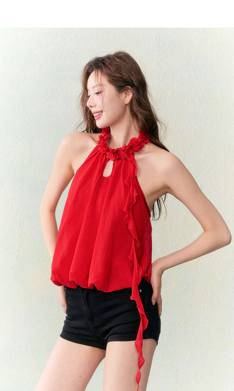 OCRC Official Red Flower Collar Spaghetti Strap Design Sensation Floating Ribbon Bud Chiffon Top