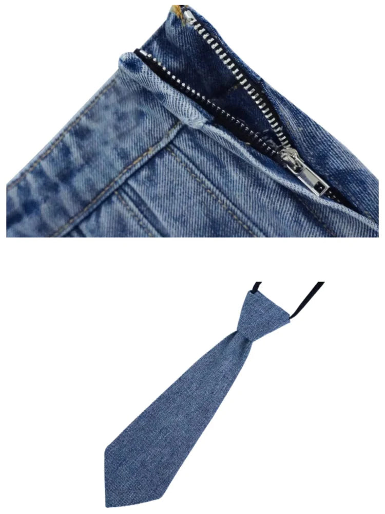 Denim Hole Pleated Skirt With Tie