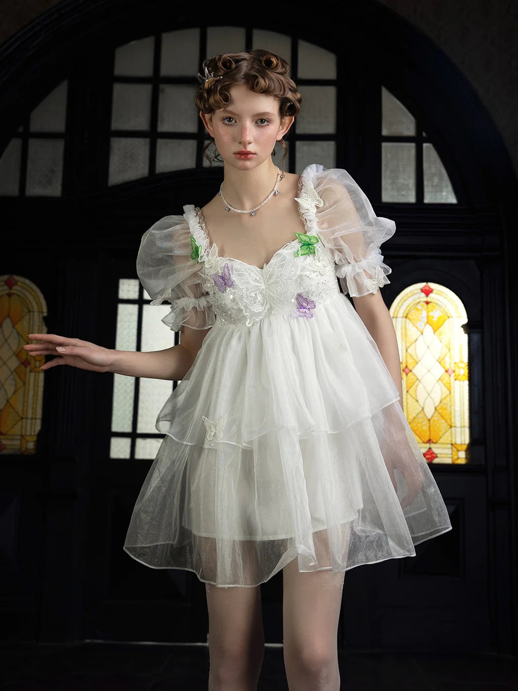 Three Dimensional Butterfly Puff Sleeve Dress