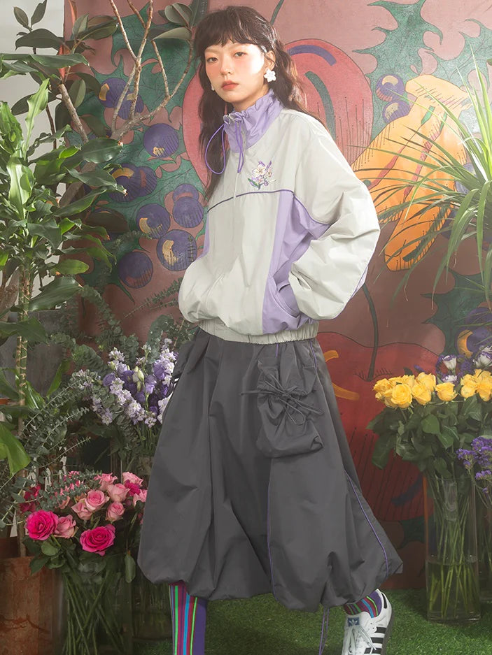 Cherry Blossom Embroidery Zipper Windbreaker- Simple Outfits