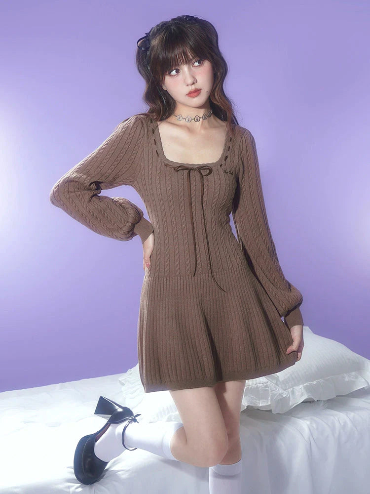 Square Neck Cable Knitted Dress