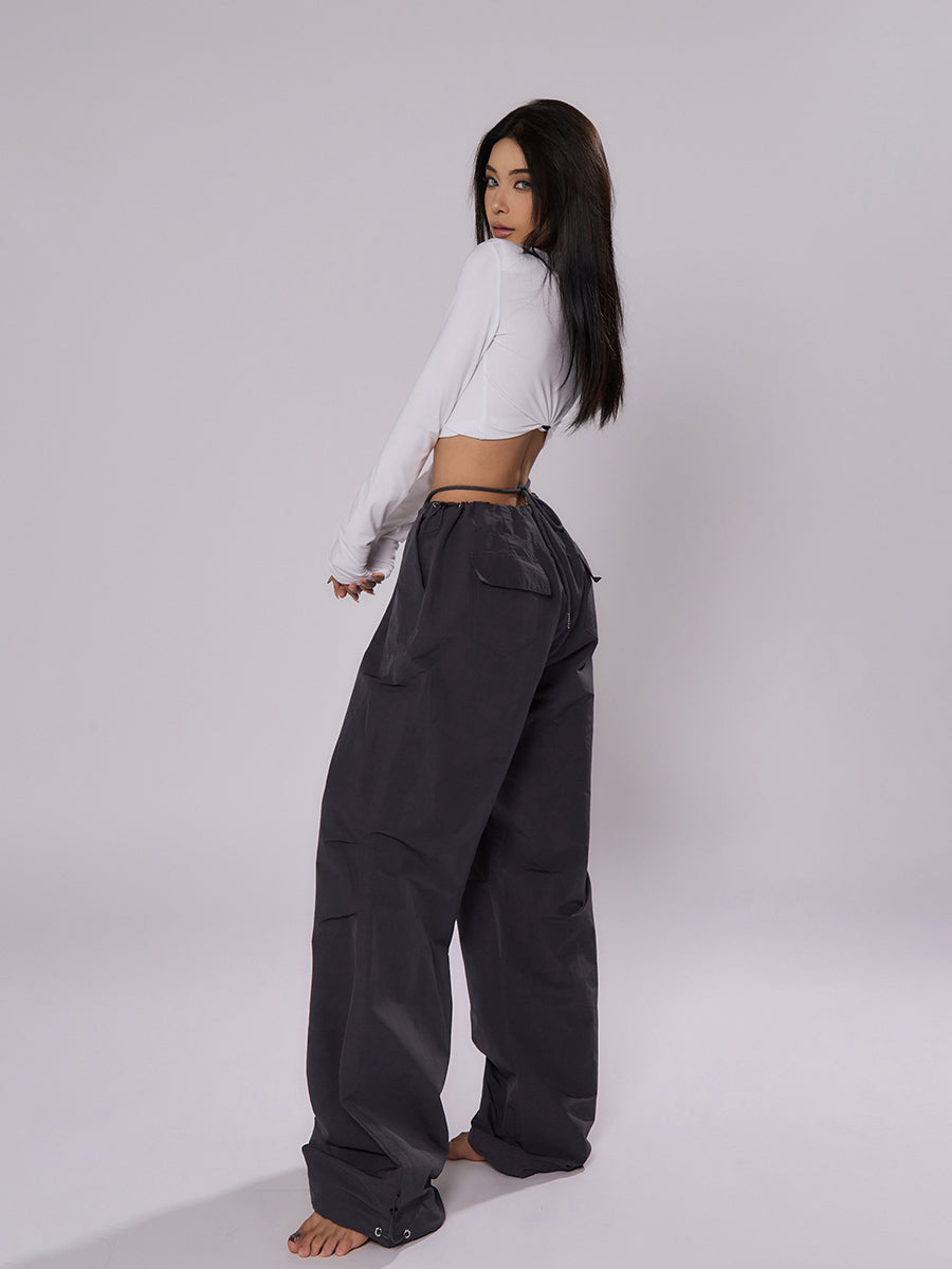 AN JITT Peach Collection" Grey Parachute Pants New American Style Drawstring Utility Pants Wide-Leg Casual Pants for Women Spring/Summer