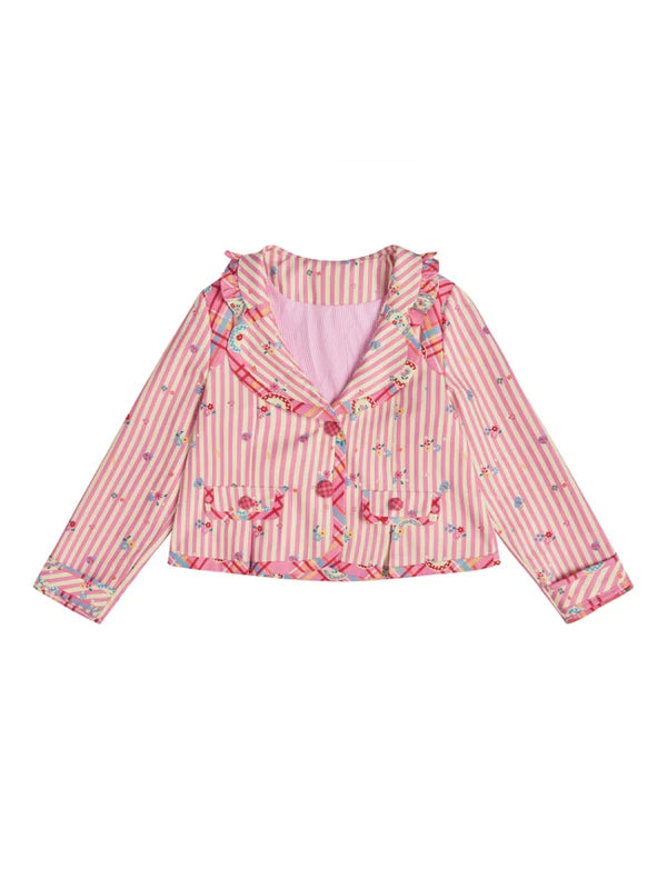 Printing Stripe Stitching Short Jacket & Cake Skirt