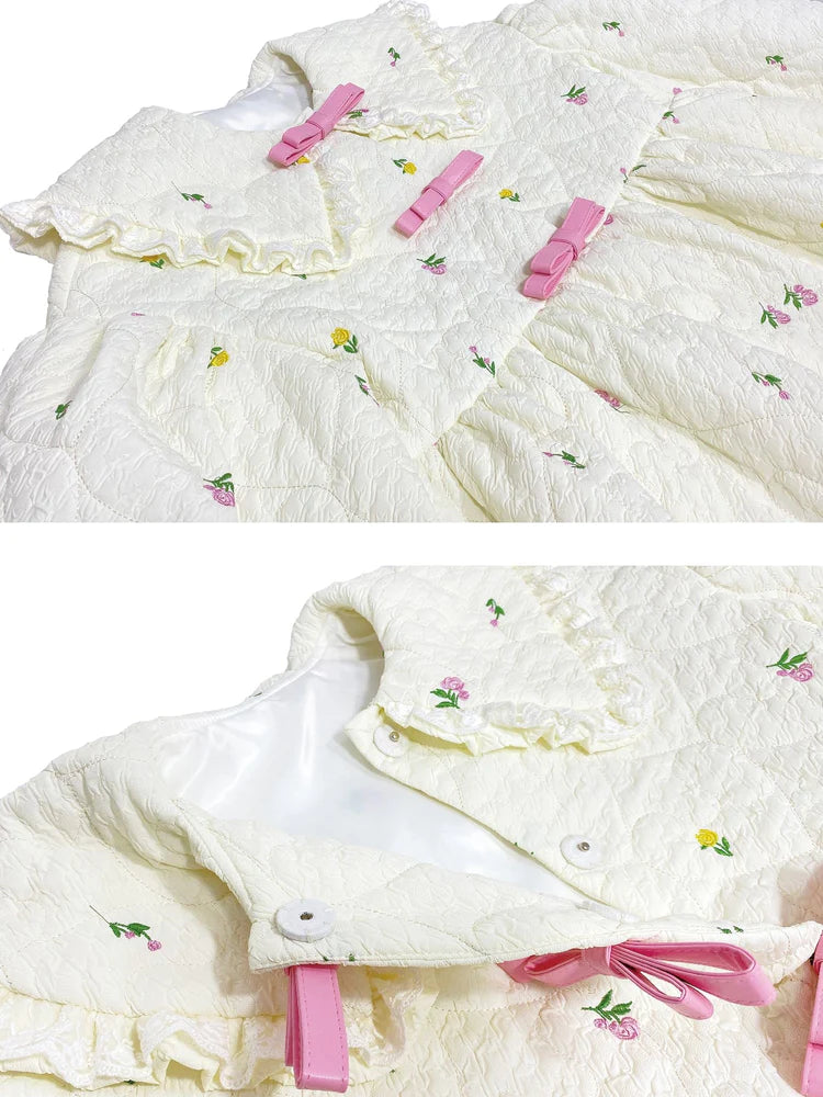 Flower Embroidery Loose Loose Mid-Length Cotton Quilted Coat