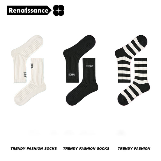 Renaissance original women's socks, autumn and spring new dopamine mid-length tube socks, INS trendy Barbie girls cotton socks - R8273 Minimalist Black and White