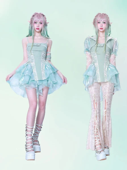 Y2K Lace Stitching Tie-Dye Print Suspender Dress- Dream Outfits