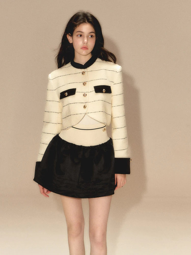 Line Border Mao Collar Short Jacket & Puffy Skirt