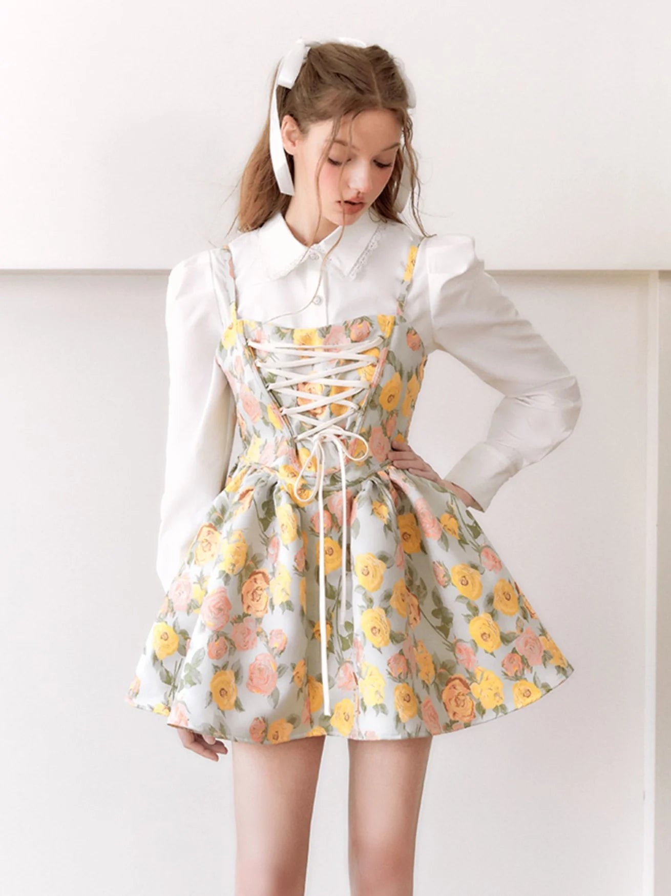 Oil Painting Ballet Style Suspender Dress & Waist Shape Shirt