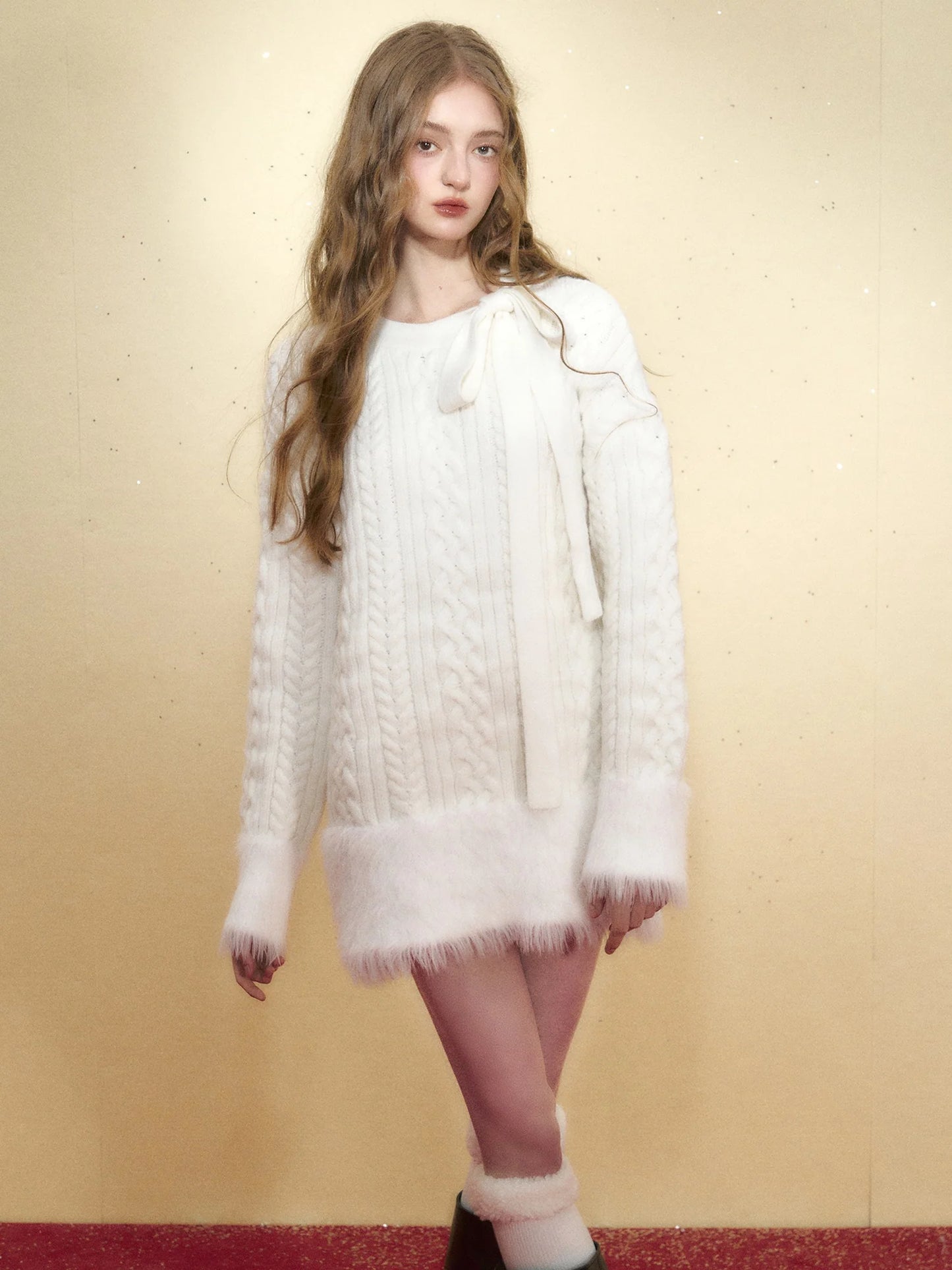 Fur Bow Loose Cable Knitted One-Piece