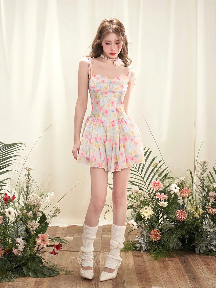 Smudged Floral Suspender Dress with Rose Pearl Necklace