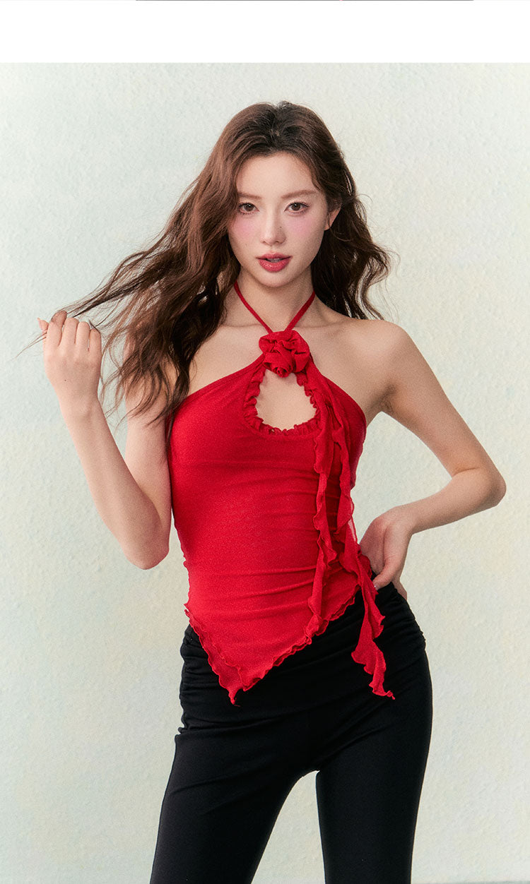 OCRC Official Red Double-Layer Mesh Floral Strap Spaghetti Top, Irregular Hem, Slim-fit