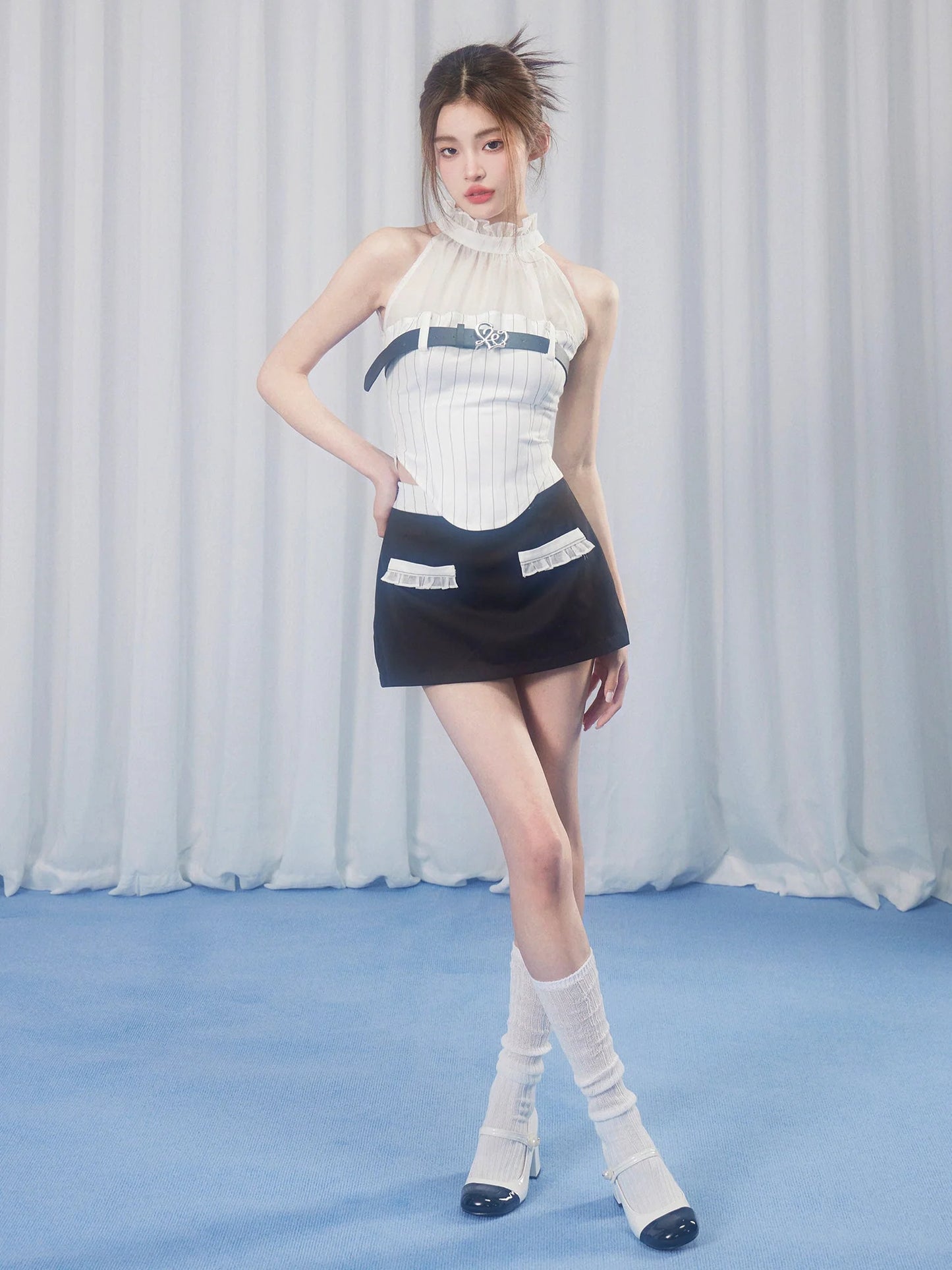 Striped Stitching Sheer Top & Micro Mini Skirt