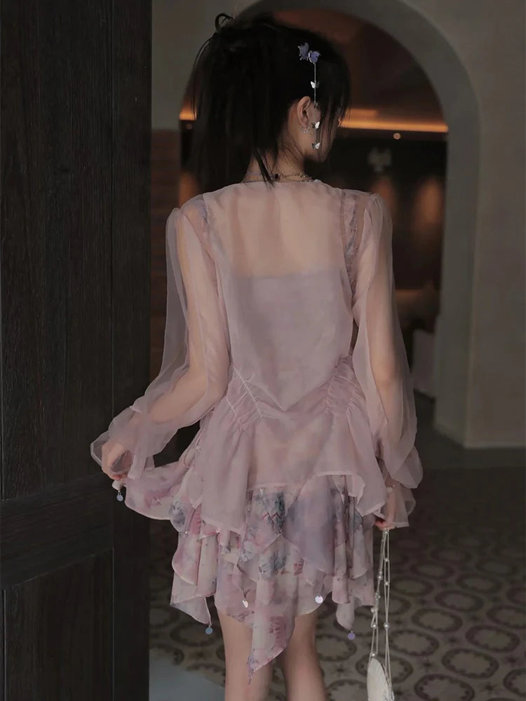 Oil Painting Printed Suspender Dress & Mesh Pleat Dress & Shirt Cardigan