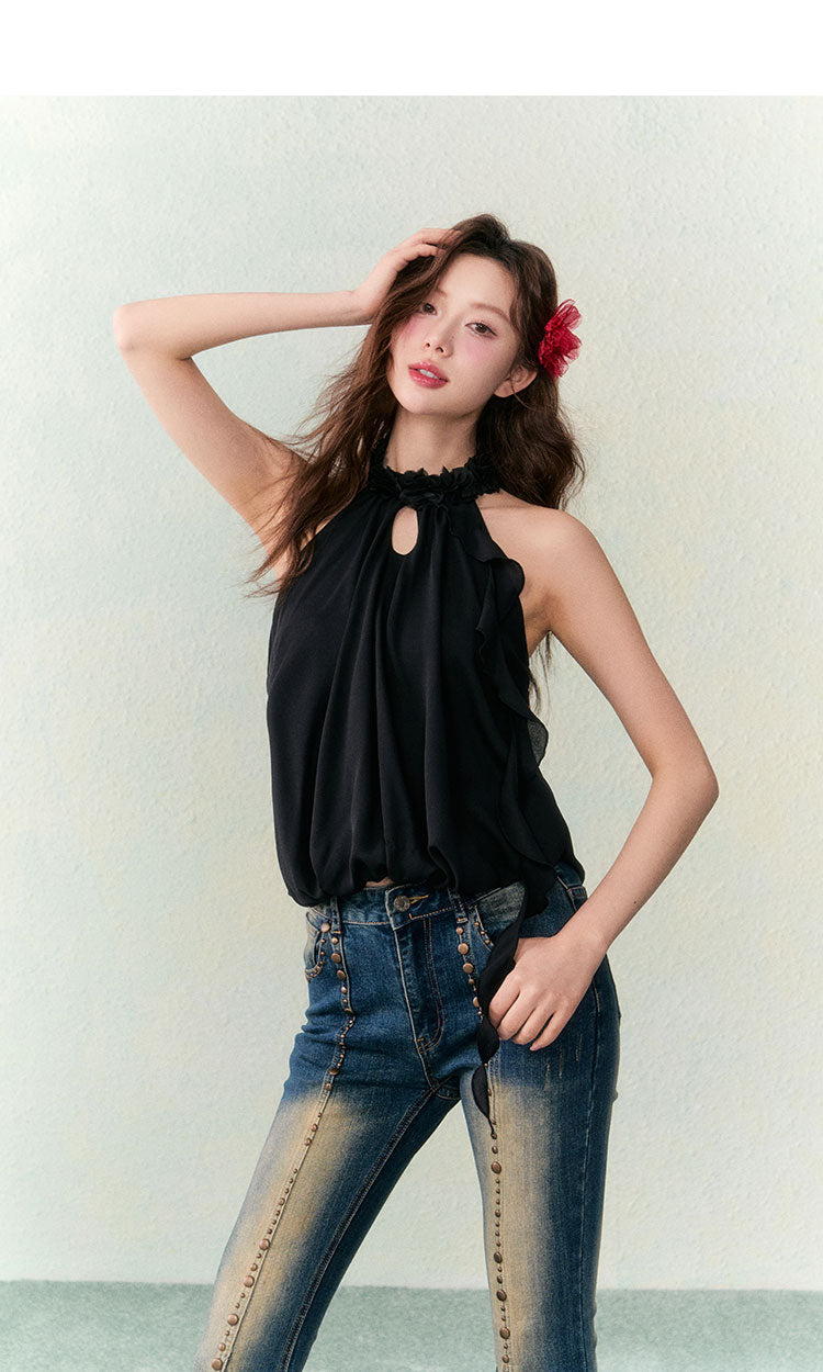 OCRC Official Red Flower Collar Spaghetti Strap Design Sensation Floating Ribbon Bud Chiffon Top