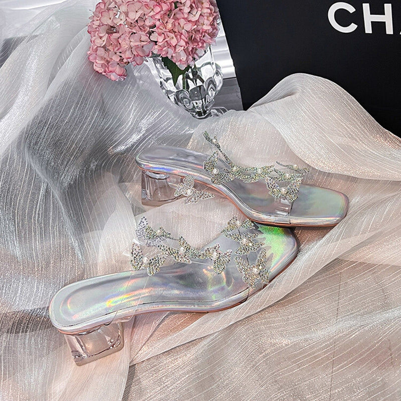 Lost in the Butterfly Valley! Exquisitely beautiful summer sandals with a fairy-like style, featuring blingy transparent butterfly crystal heels, perfect for wearing outdoors.