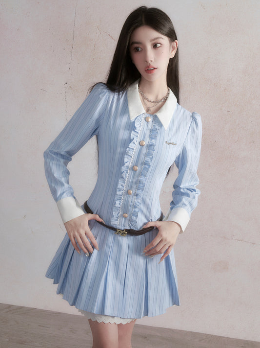 fragileheart Fragile Store Sweet College Style Blue Striped Shirt Dress French Birthday Dress