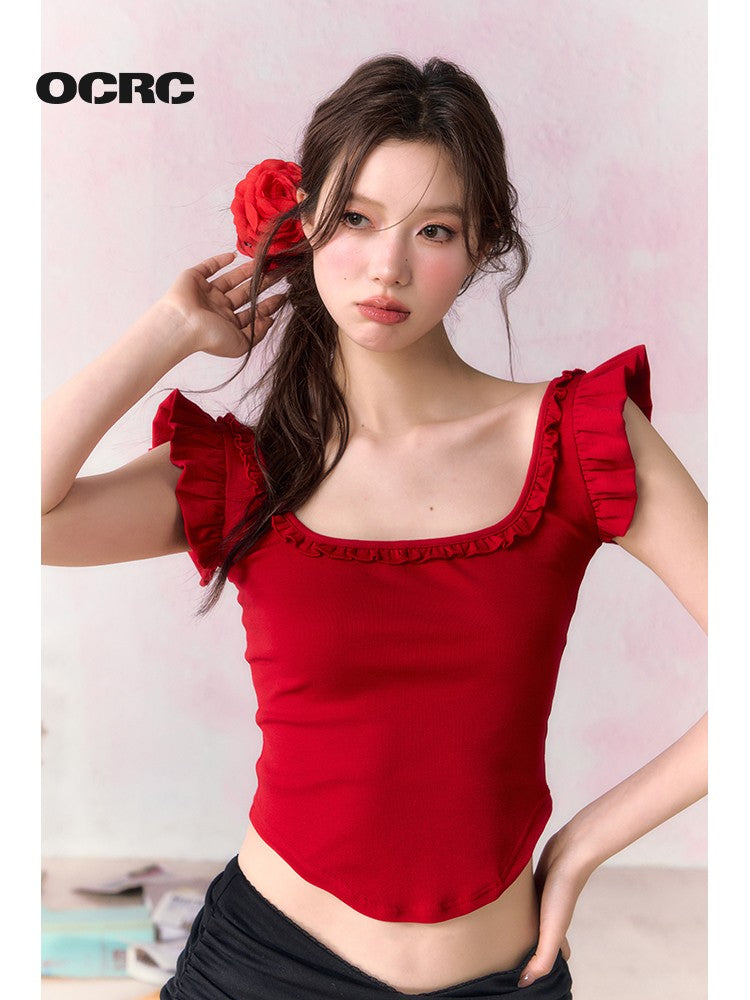 OCRC Official Red Spicy Girl's Small Flying Sleeve Sling Top Women's Summer Slim Short T-shirt, can be worn on both sides