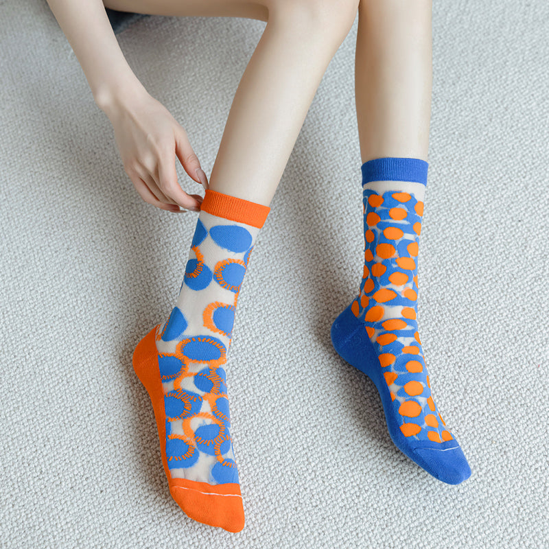 CrazySox's spring and summer individual glass silk socks for women, trendy mid-calf socks with a college-style, simple and thin silk stockings.