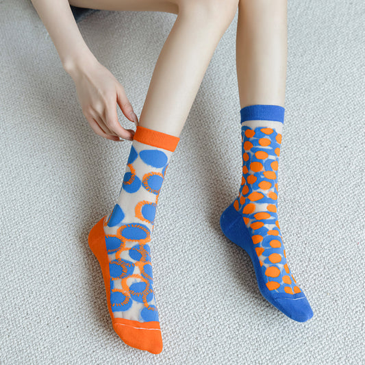 CrazySox's spring and summer individual glass silk socks for women, trendy mid-calf socks with a college-style, simple and thin silk stockings.