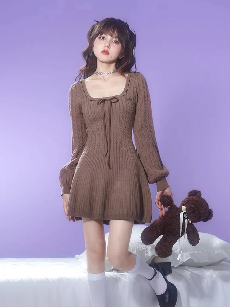 Square Neck Cable Knitted Dress