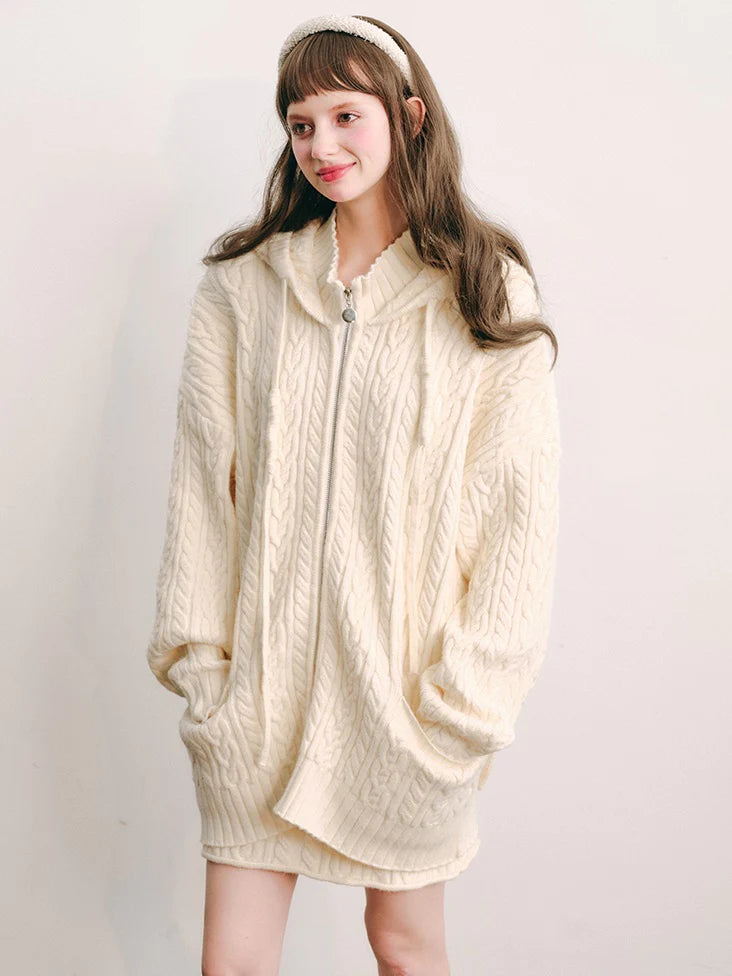 Bunny Ears Hooded Knitted Cardigan & Skirt