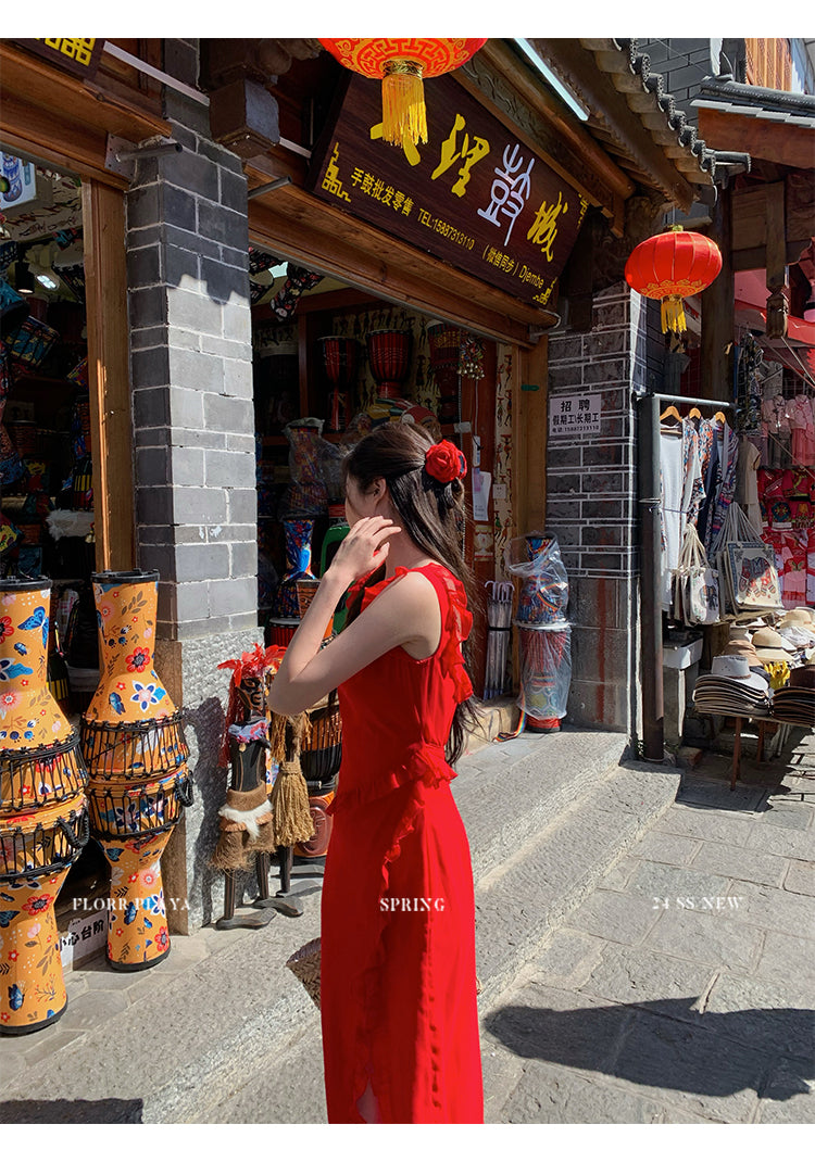 Flower Beauty - Powerless Rose Red High Slit Sling Dress for Women, Summer High-Waisted Slimming Holiday Mermaid Long Skirt