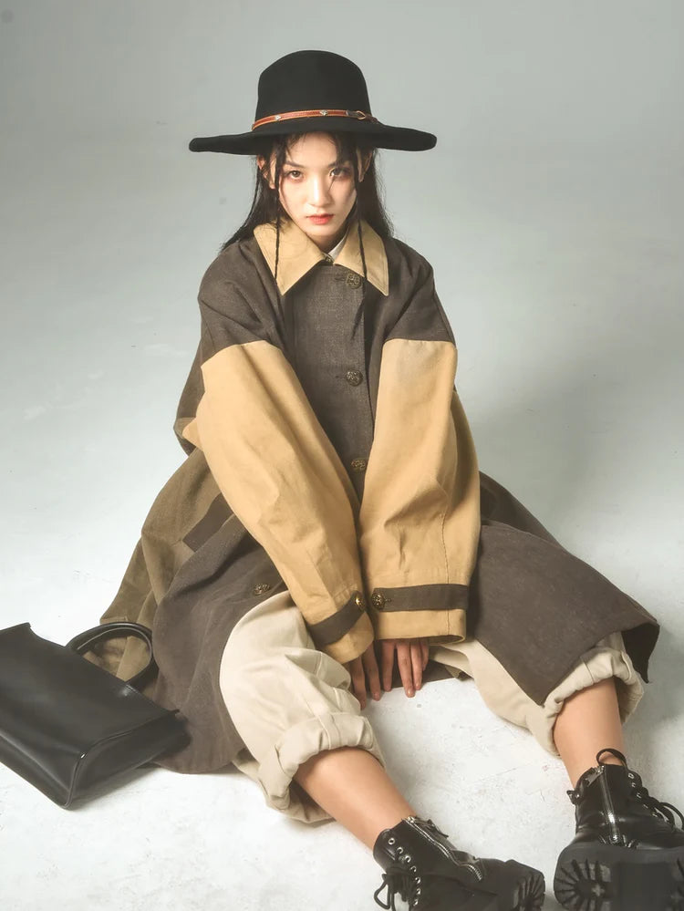 Retro Stitching Long Loose Cape Detachable Coat