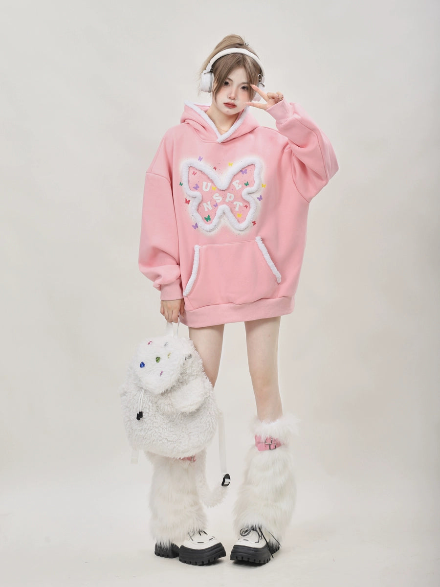 Oversized Kawaii Pink butterfly pullover sweatshirts, hoodies, with added fleece and thickened #PN-5008