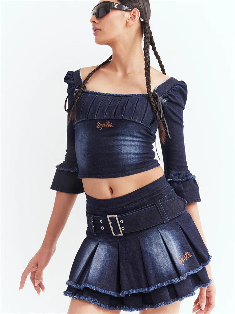 Denim Puff Sleeve Top & Pleated Skirt