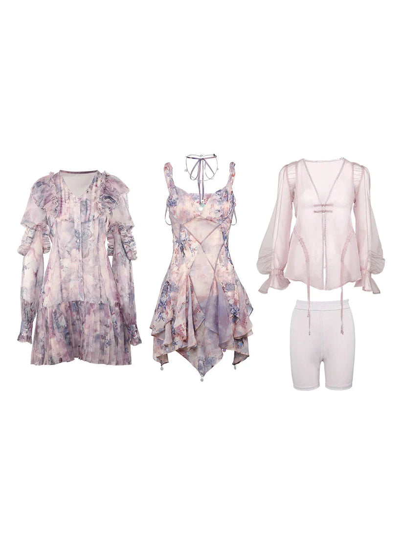 Oil Painting Printed Suspender Dress & Mesh Pleat Dress & Shirt Cardigan