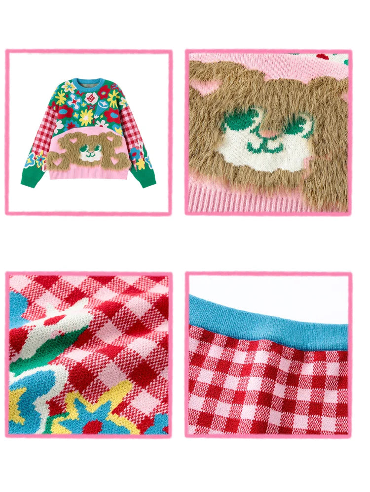 Plaid Plush Bear Flower Knitting Sweater & Skirt