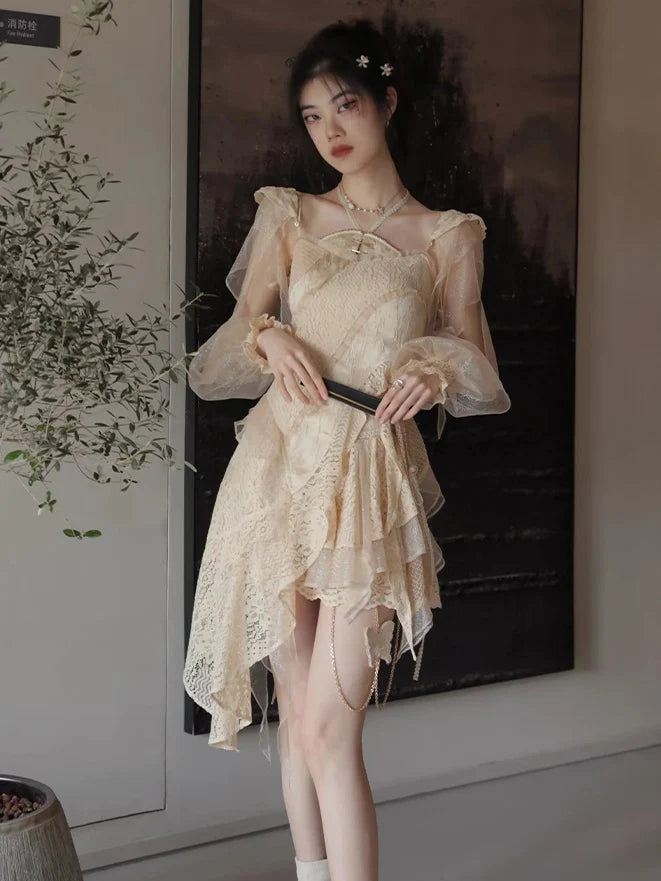 Lace Asymmetry Long Camisole Top & Cake Culottes Skirt & Shawl Top