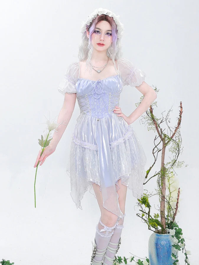 Y2K Sweet Puff Sleepes Lace French Dress- Outfit Inspo