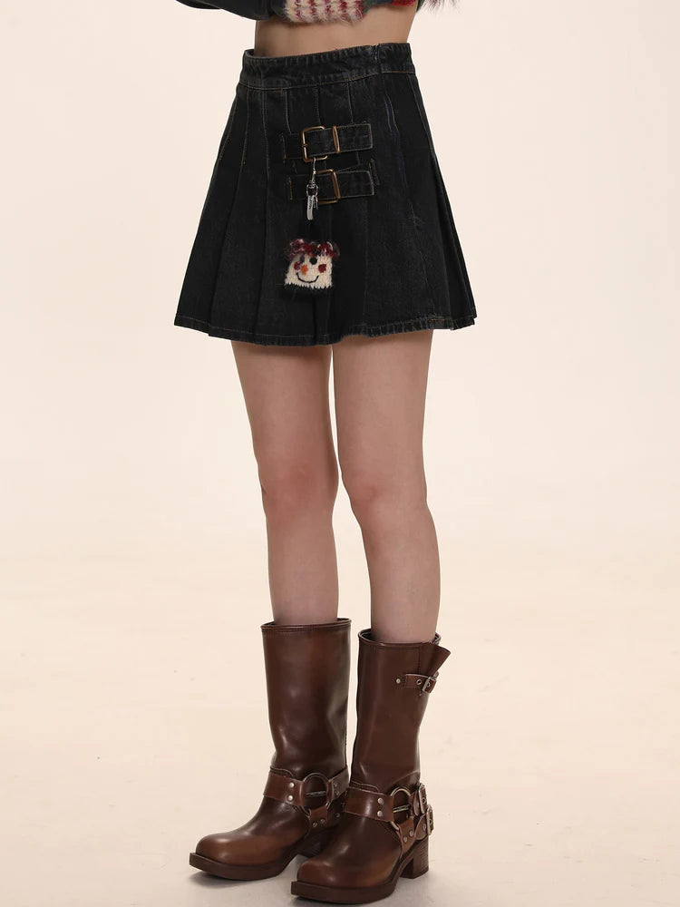 Double Strap Short Pleated Denim Skirt