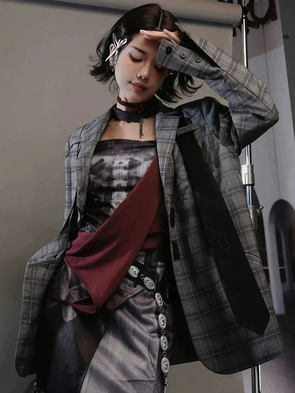 Graffiti Printed Plaid Loose Jacket & Pleated Culottes & Vest & Belt