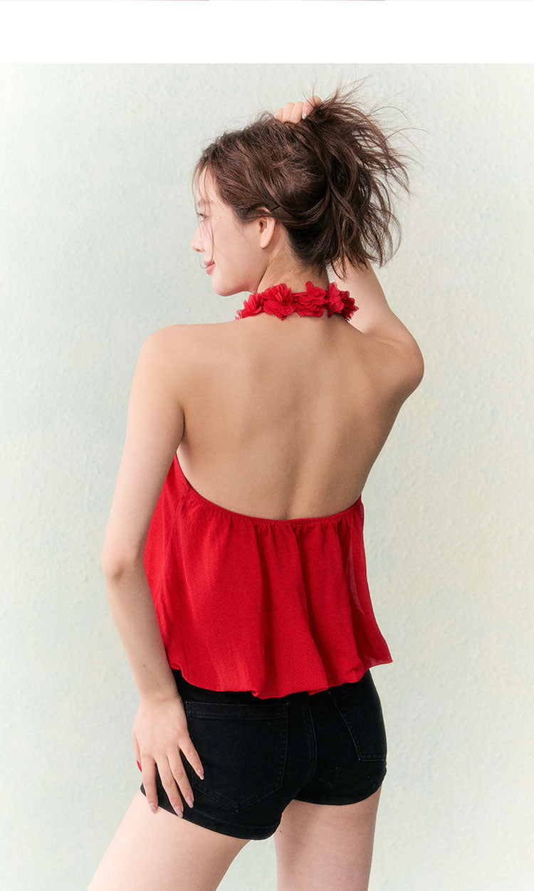 OCRC Official Red Flower Collar Spaghetti Strap Design Sensation Floating Ribbon Bud Chiffon Top