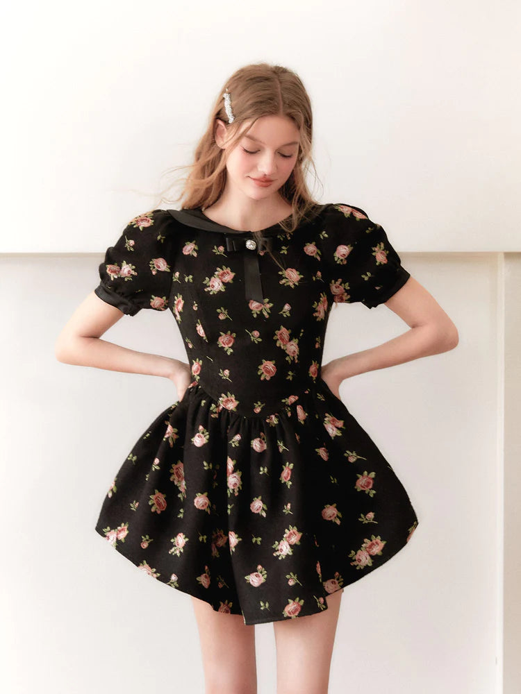 Rose Print Princess Puff Dress