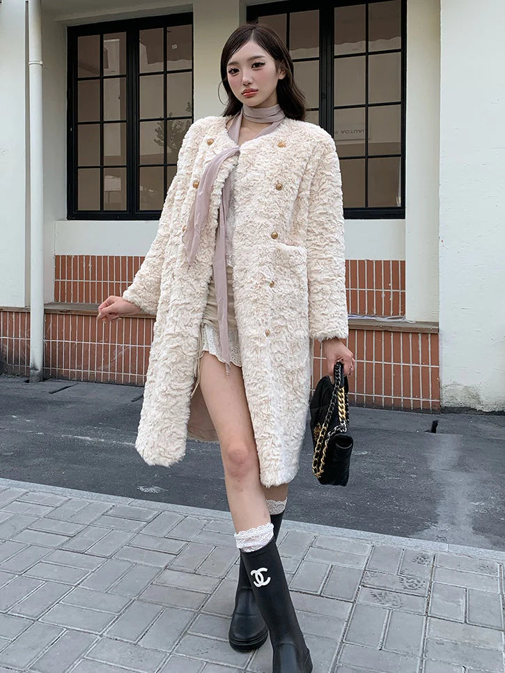 Double-Breasted Long Eco-Friendly Fur Plush Jacket