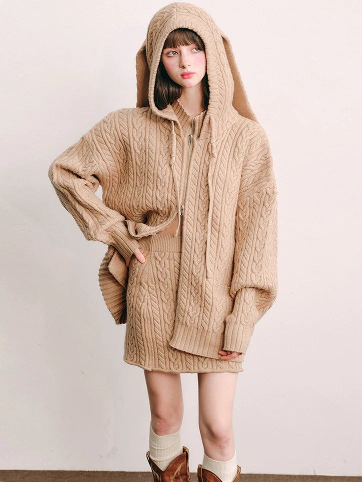 Bunny Ears Hooded Knitted Cardigan & Skirt