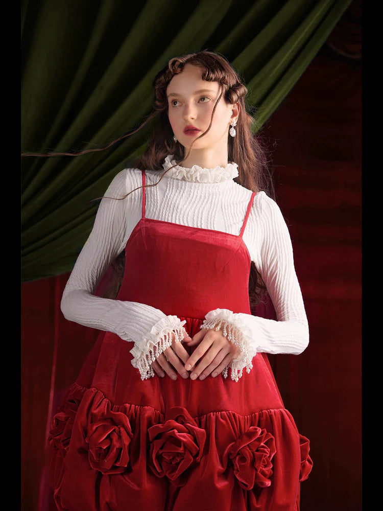 Three-Dimensional Flower Suspender Flower Bud Dress ＆ Frill Collar Cutsew