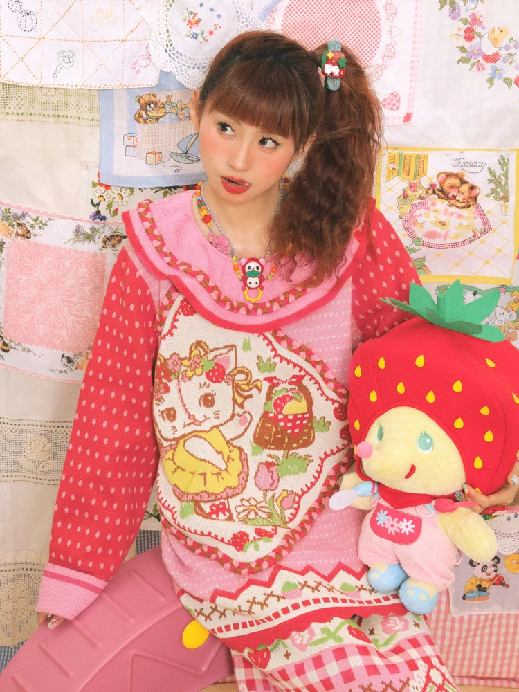 Large Lapel Cat Strawberry Jacquard Pullover Sweater- Outfits Aesthetic