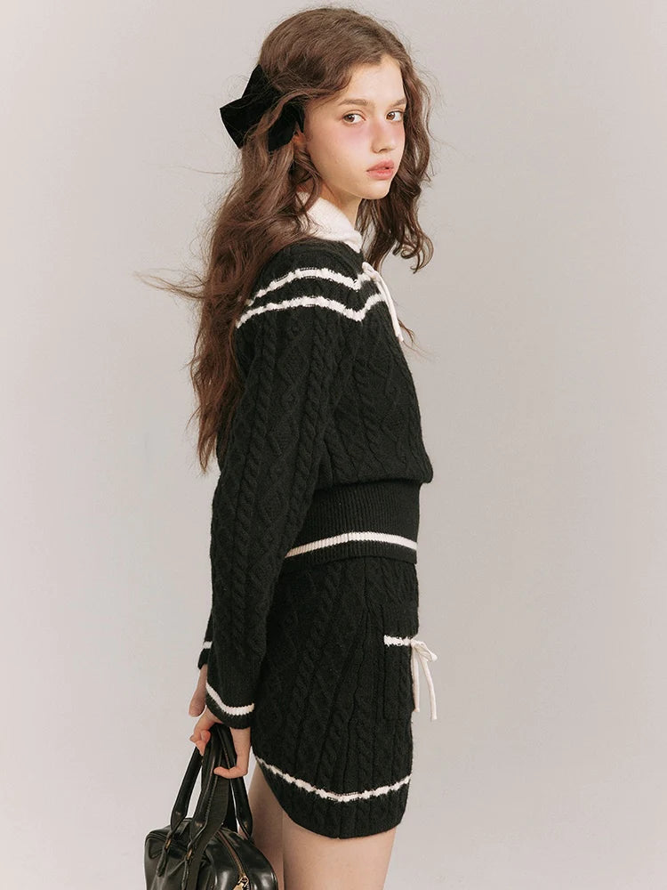 Cable Knitted Contrast Color Sweater & Skirt