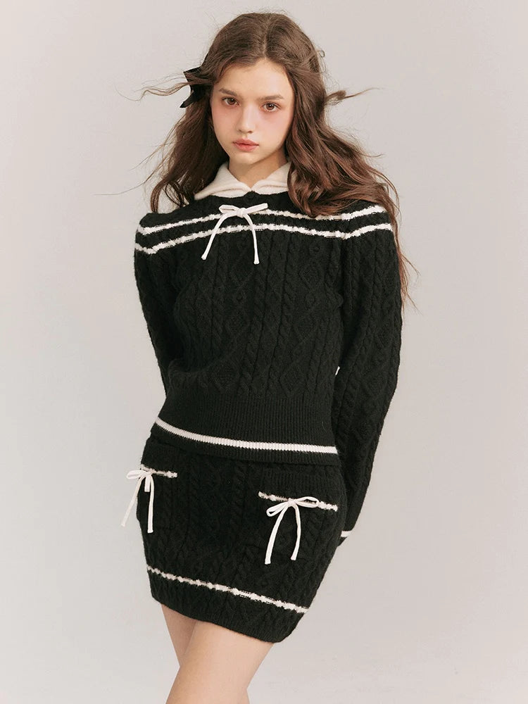 Cable Knitted Contrast Color Sweater & Skirt