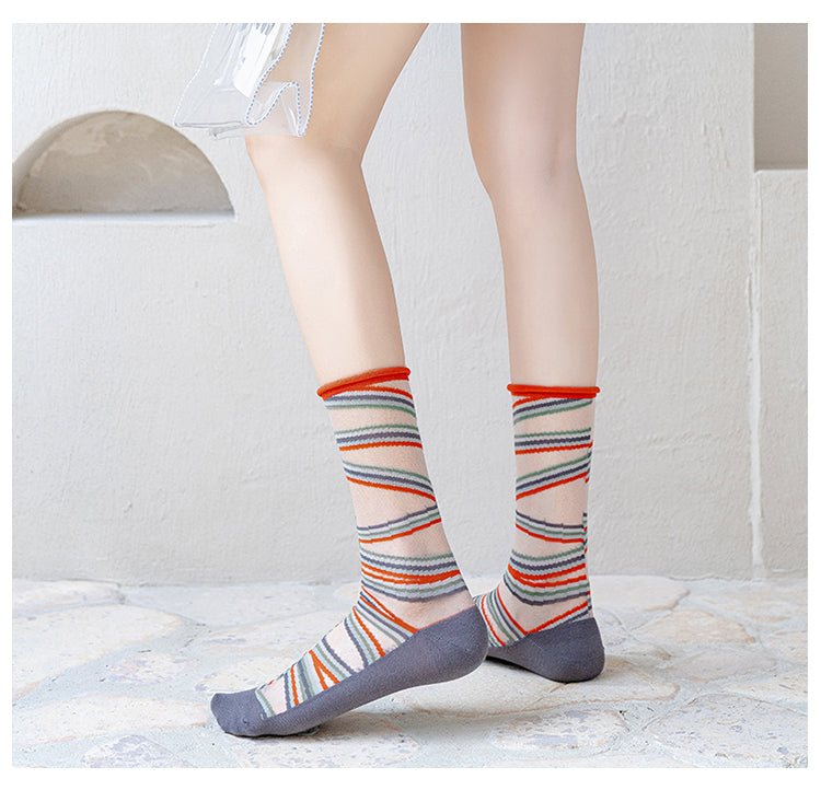 CrazySox's new French art silk stockings for women, featuring thin AB asymmetrical glass silk trendy mid-calf socks.