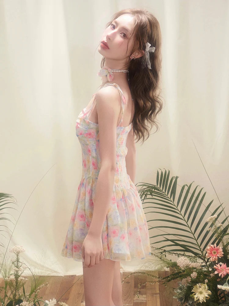 Smudged Floral Suspender Dress with Rose Pearl Necklace