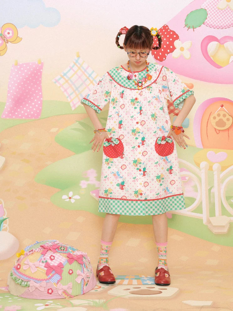 Strawberry Bear Print Loose One-piece- Simple Outfits