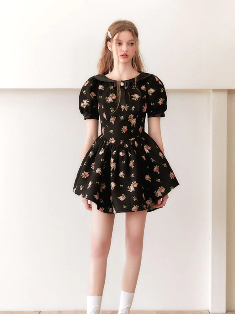 Rose Print Princess Puff Dress