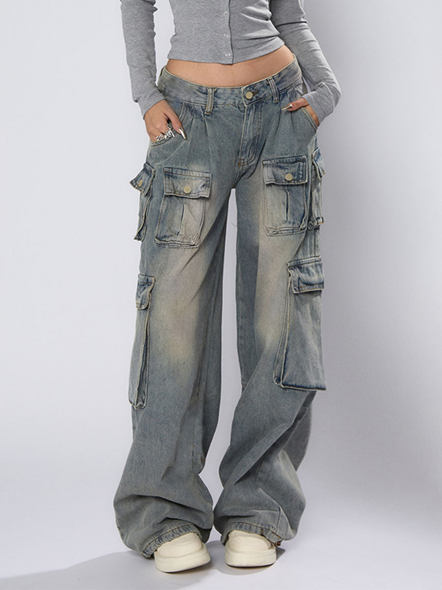 AN JITT Peach Collection" Women's Jeans American Retro Low-Waisted Straight Wide-Leg Loose Washed Multi-Pocket Work Pants Spring