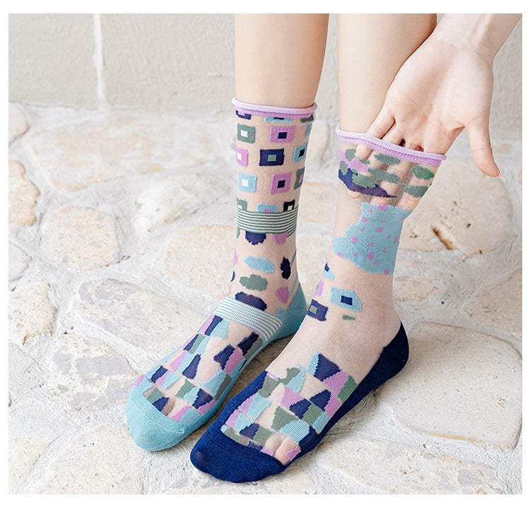 CrazySox's new French art silk stockings for women, featuring thin AB asymmetrical glass silk trendy mid-calf socks.