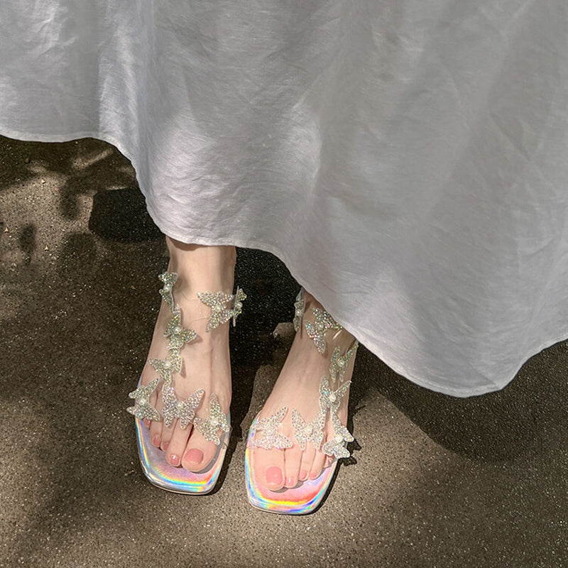 Lost in the Butterfly Valley! Exquisitely beautiful summer sandals with a fairy-like style, featuring blingy transparent butterfly crystal heels, perfect for wearing outdoors.